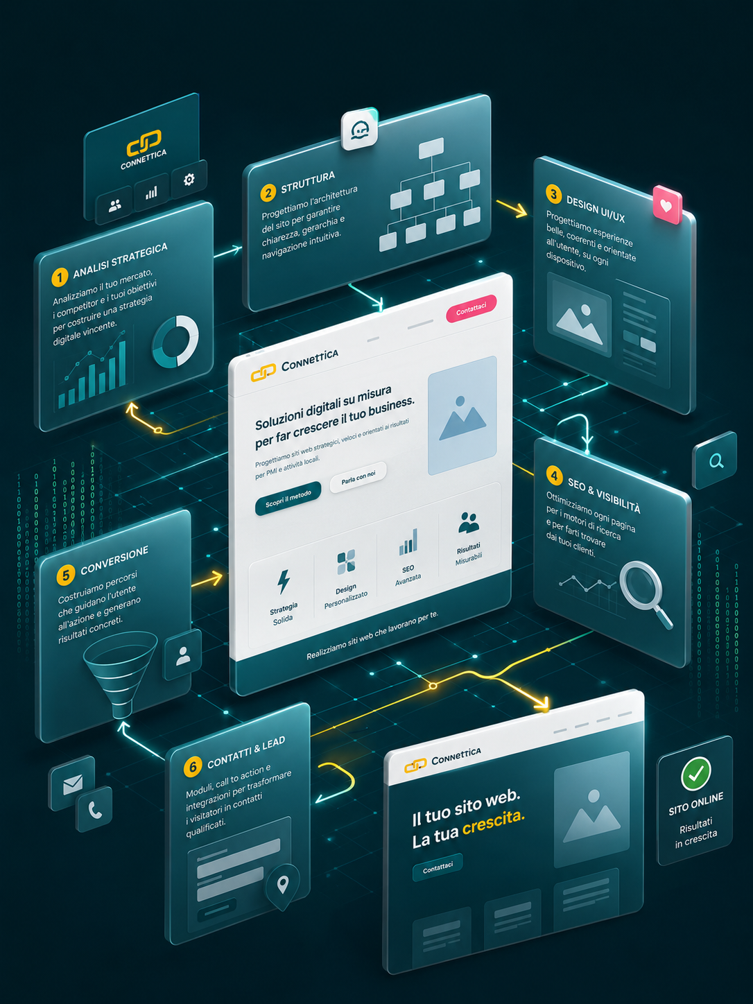 Infografica del processo Connettica per creare siti web con strategia, UX, SEO, tracciamenti e conversione.